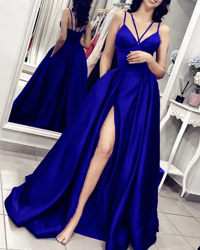 Spaghetti Straps V-neck Long Satin Split Prom Dresses,Formal Dress