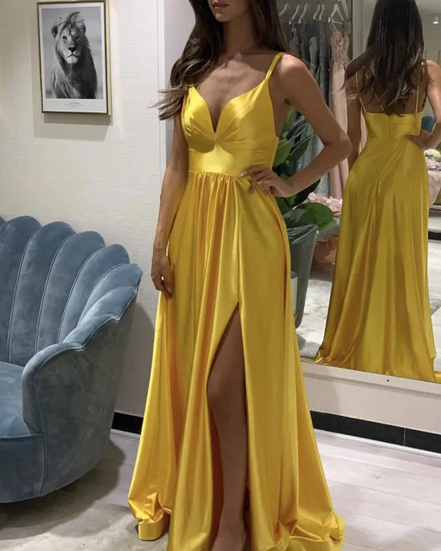 Spaghetti Straps V Neck Prom Dresses Satin Leg Slit