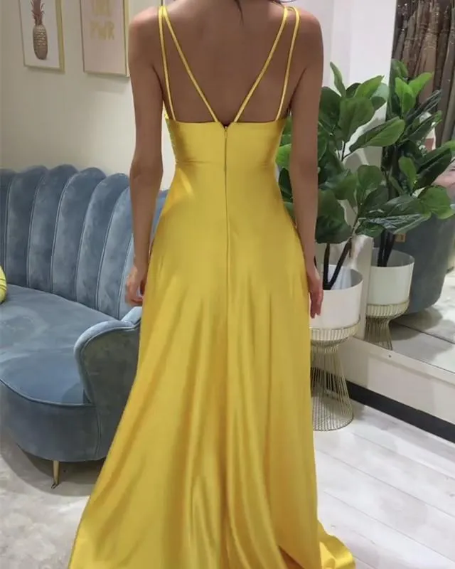 Spaghetti Straps V Neck Prom Dresses Satin Leg Slit
