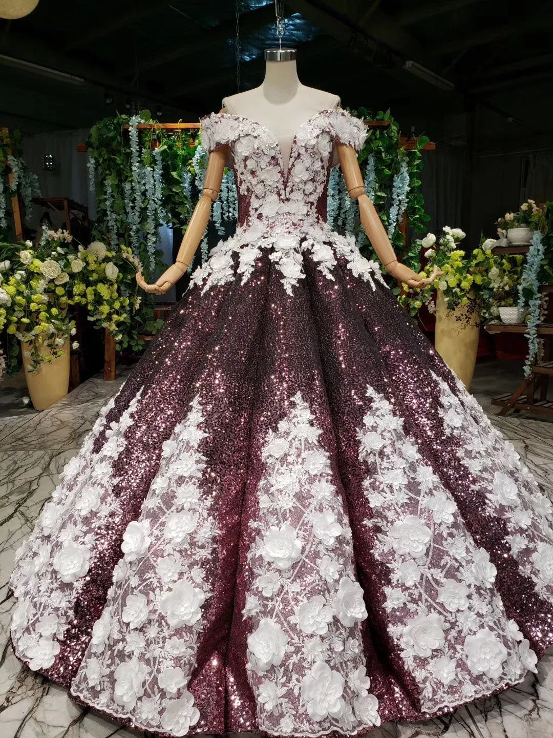 Sparkly Off the Shoulder Long Prom Dress with Flowers, Ball Gown Quinceanera Dresses UQ2494