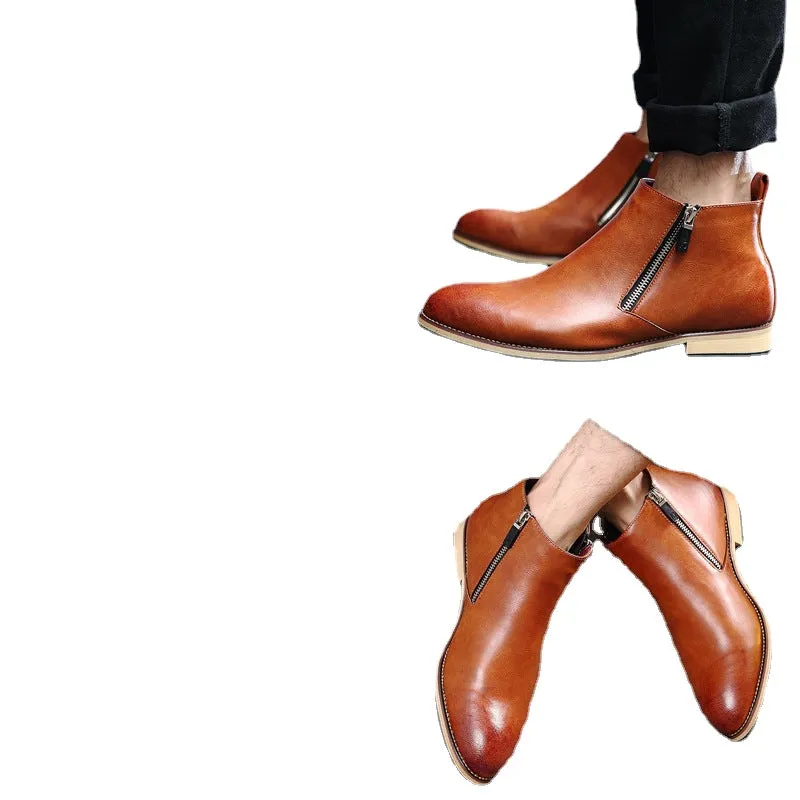 Spring and autumn men's boots short boots British Martin boots men's pointed leather boots fashion trend high top leather shoes men's Korean version