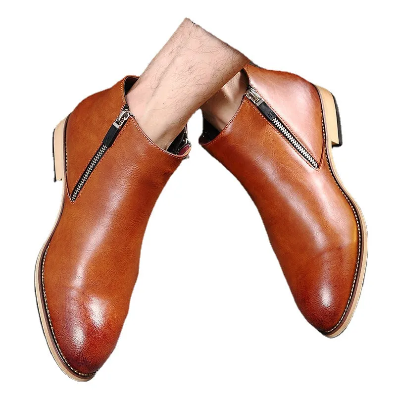 Spring and autumn men's boots short boots British Martin boots men's pointed leather boots fashion trend high top leather shoes men's Korean version