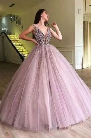 V Neck Tulle Long Ball Gown Prom Dress, Formal Evening Dress PFP0163