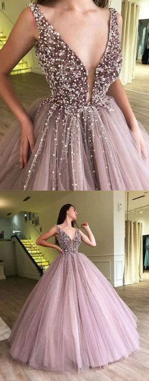 V Neck Tulle Long Ball Gown Prom Dress, Formal Evening Dress PFP0163