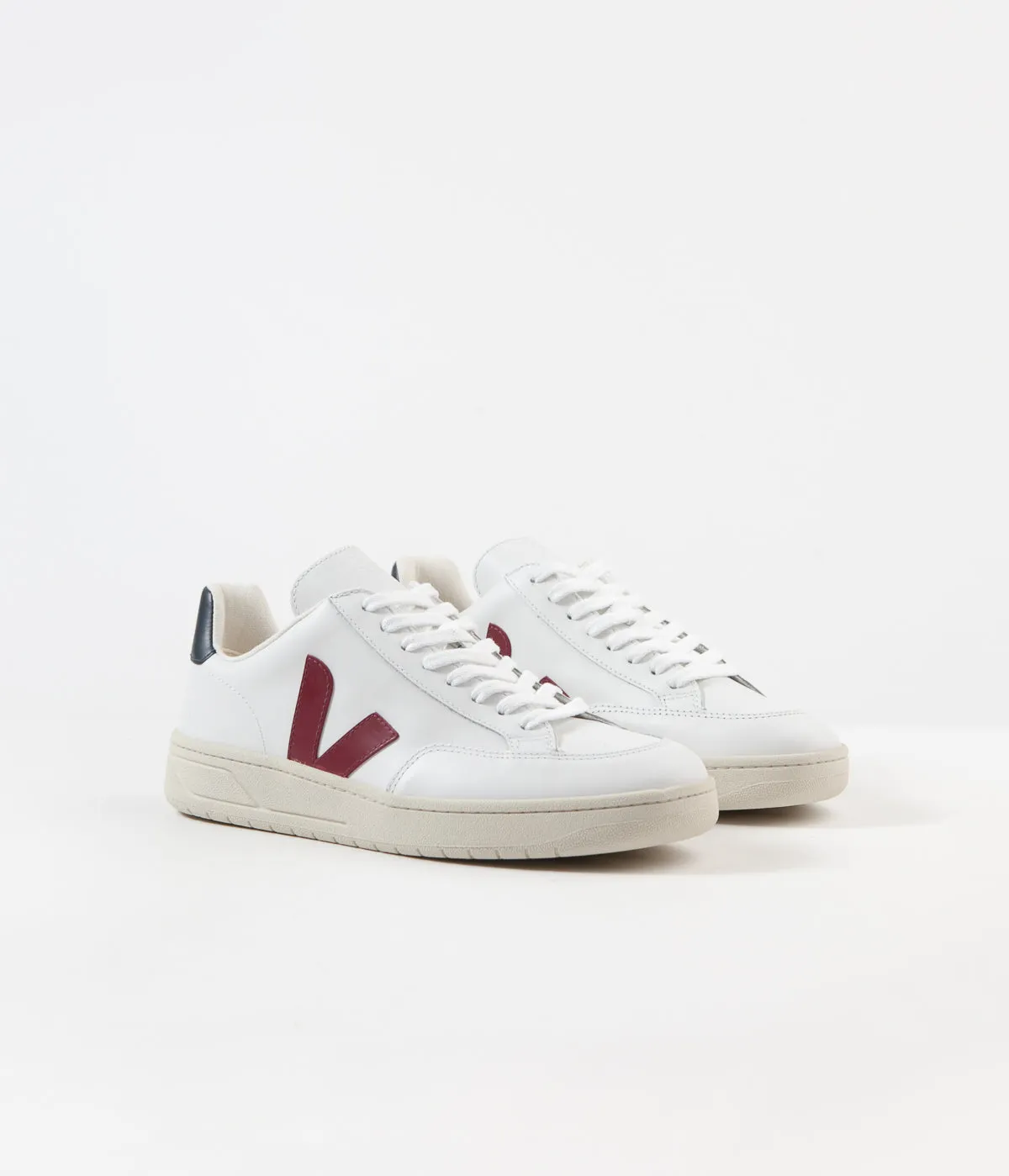 Veja Womens V-12 Leather Shoes - Extra White / Marsala / Nautico