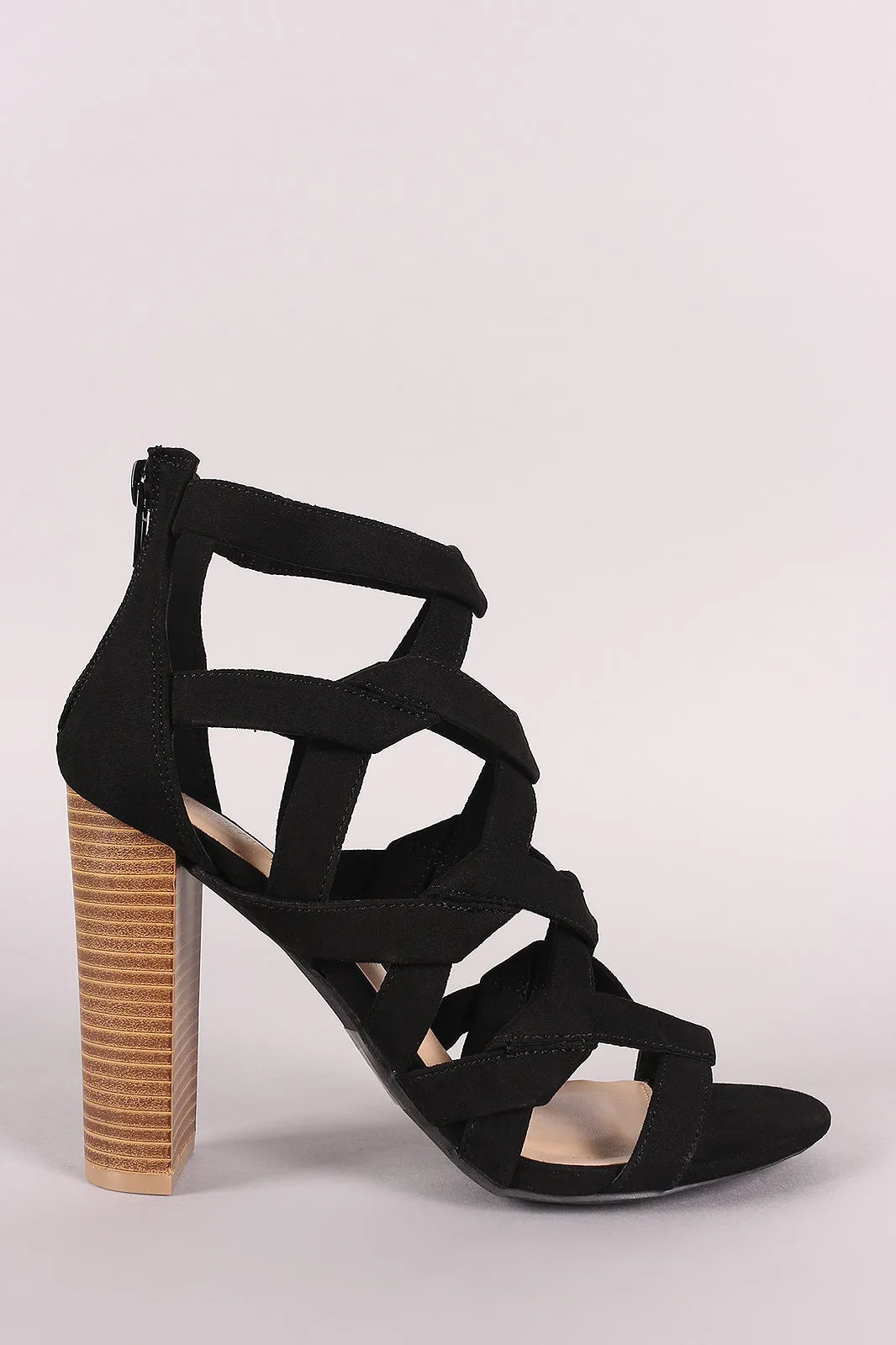 Wild Diva Lounge Suede Caged Open Toe Chunky Heel