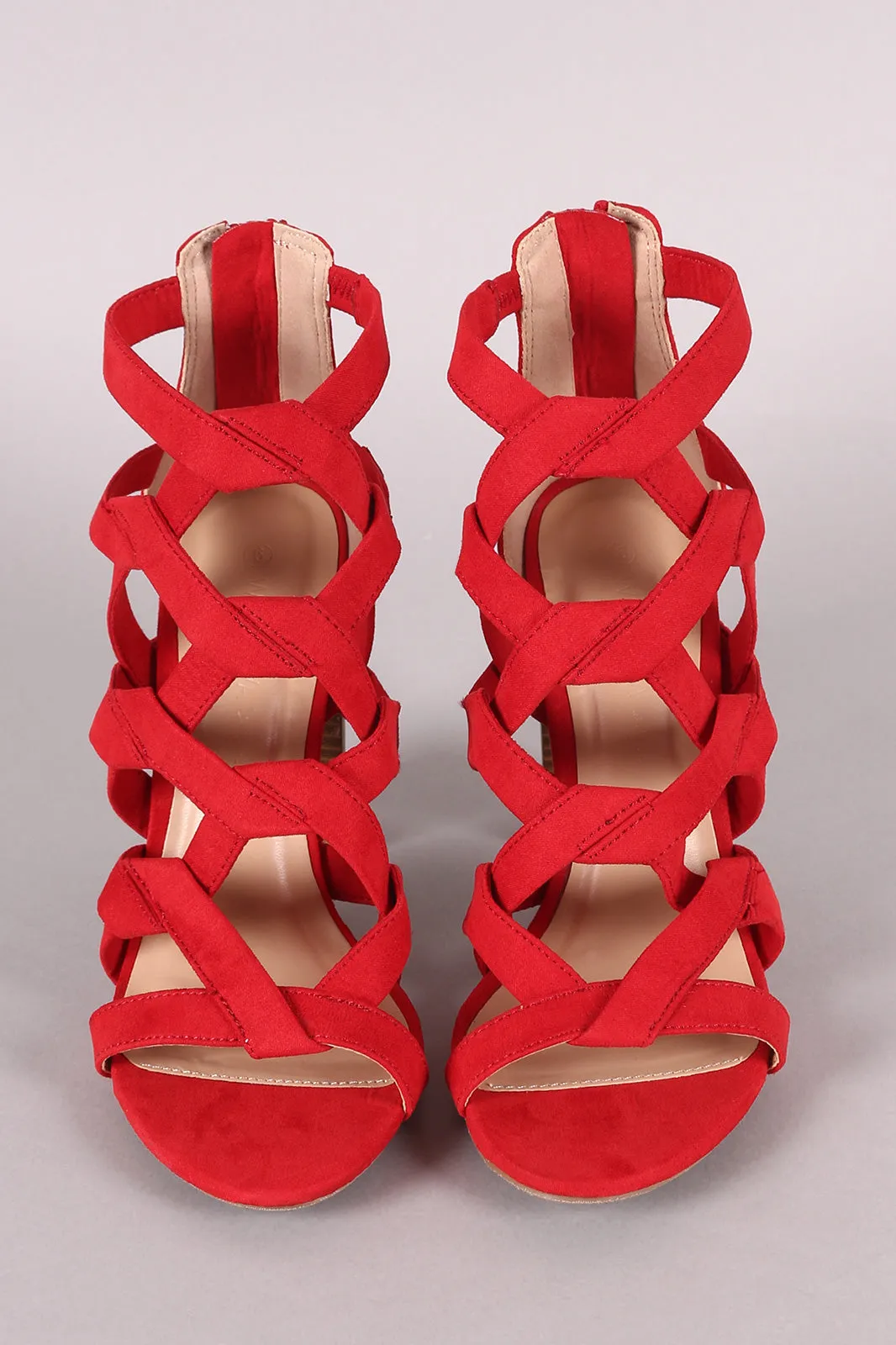Wild Diva Lounge Suede Caged Open Toe Chunky Heel