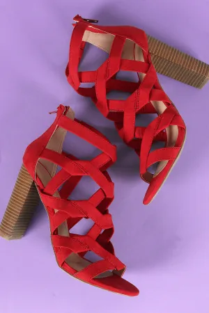 Wild Diva Lounge Suede Caged Open Toe Chunky Heel