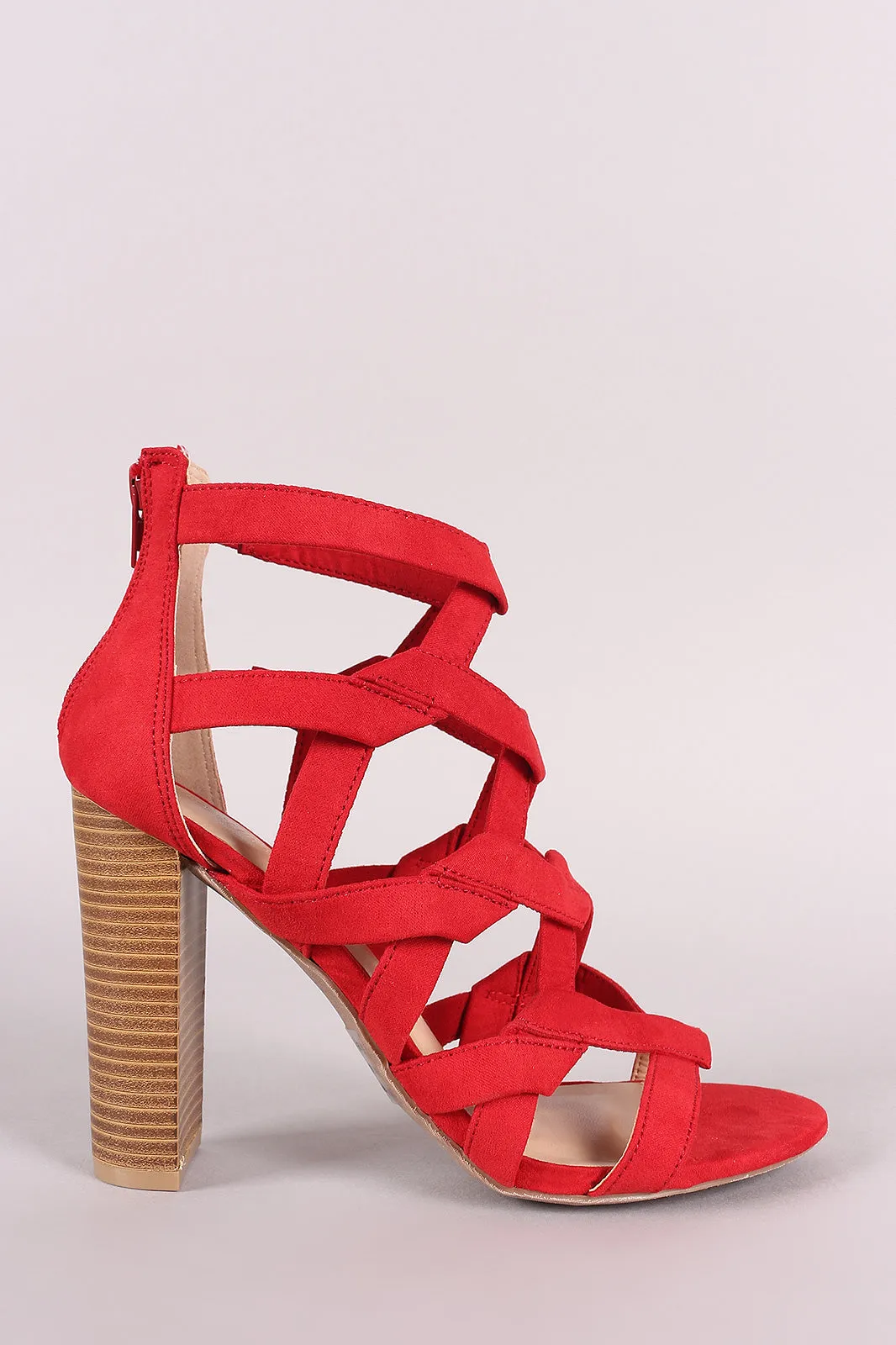 Wild Diva Lounge Suede Caged Open Toe Chunky Heel