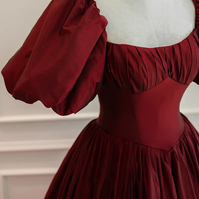 Wine Red Short Sleeves Floor Length Long Evening Dresses, Ball Gown Formal Dresses