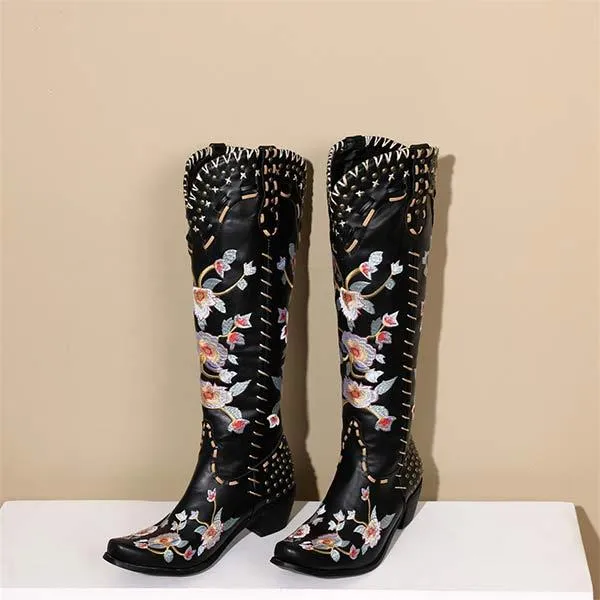 Women's Embroidered High-Calf Mid-Heel Cowboy Boots 17883004C