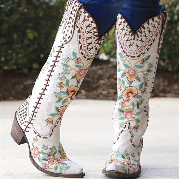 Women's Embroidered High-Calf Mid-Heel Cowboy Boots 17883004C