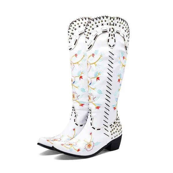 Women's Embroidered High-Calf Mid-Heel Cowboy Boots 17883004C