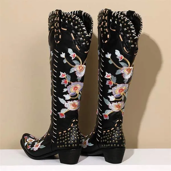 Women's Embroidered High-Calf Mid-Heel Cowboy Boots 17883004C