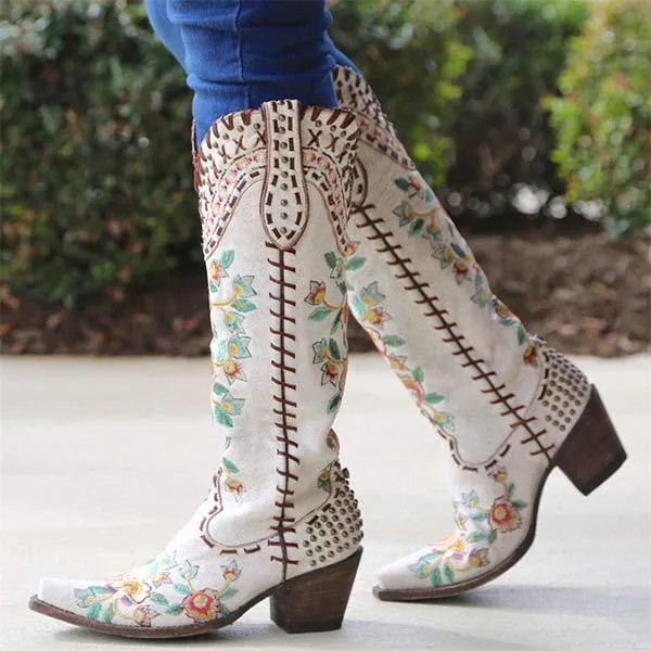 Women's Embroidered High-Calf Mid-Heel Cowboy Boots 17883004C