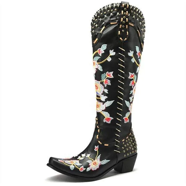 Women's Embroidered High-Calf Mid-Heel Cowboy Boots 17883004C