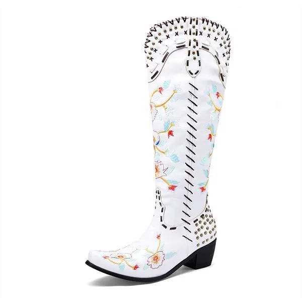 Women's Embroidered High-Calf Mid-Heel Cowboy Boots 17883004C