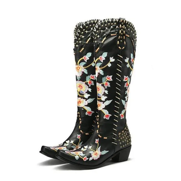 Women's Embroidered High-Calf Mid-Heel Cowboy Boots 17883004C