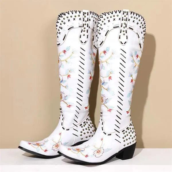Women's Embroidered High-Calf Mid-Heel Cowboy Boots 17883004C