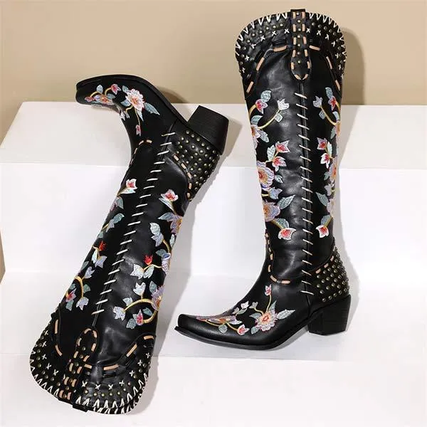 Women's Embroidered High-Calf Mid-Heel Cowboy Boots 17883004C
