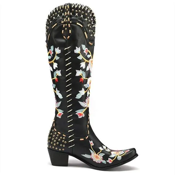 Women's Embroidered High-Calf Mid-Heel Cowboy Boots 17883004C