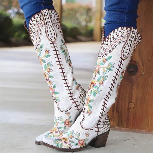 Women's Embroidered High-Calf Mid-Heel Cowboy Boots 17883004C