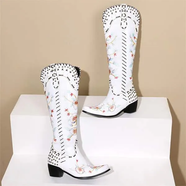 Women's Embroidered High-Calf Mid-Heel Cowboy Boots 17883004C