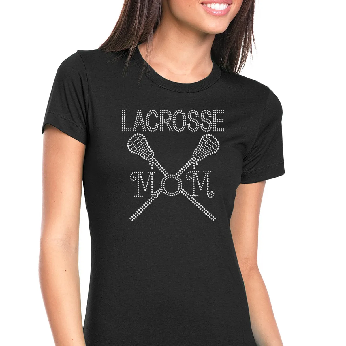 Womens T-Shirt Bling Black Fitted Tee Lacrosse Mom Stick